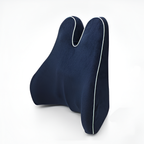 Navy blue memory foam pillow with white piping on a white background