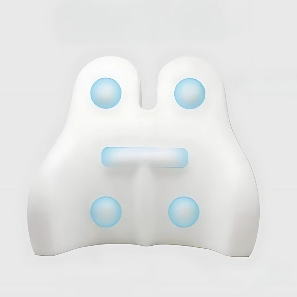 White ghost-shaped object with blue lights on a light gray background