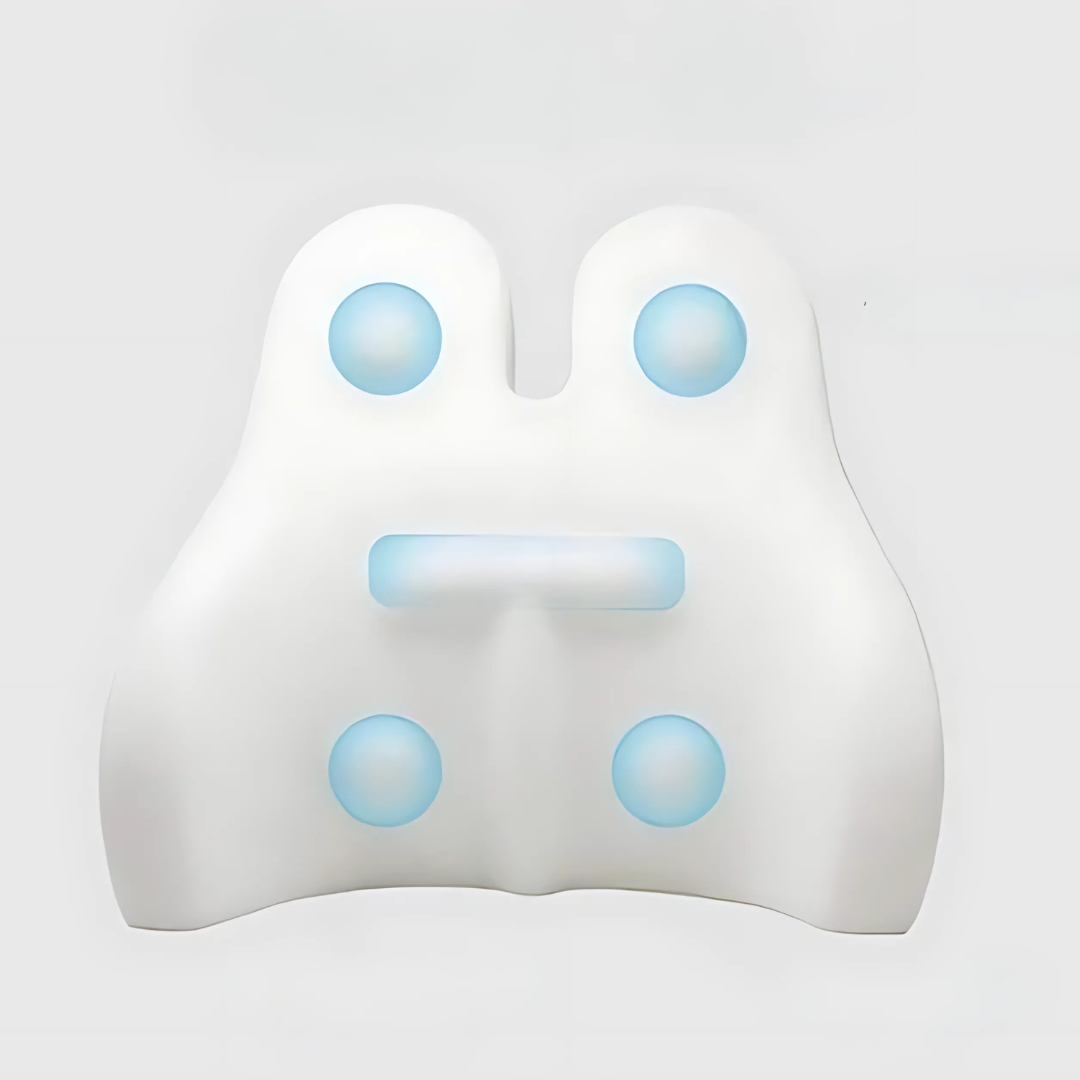 White ghost-shaped object with blue lights on a light gray background