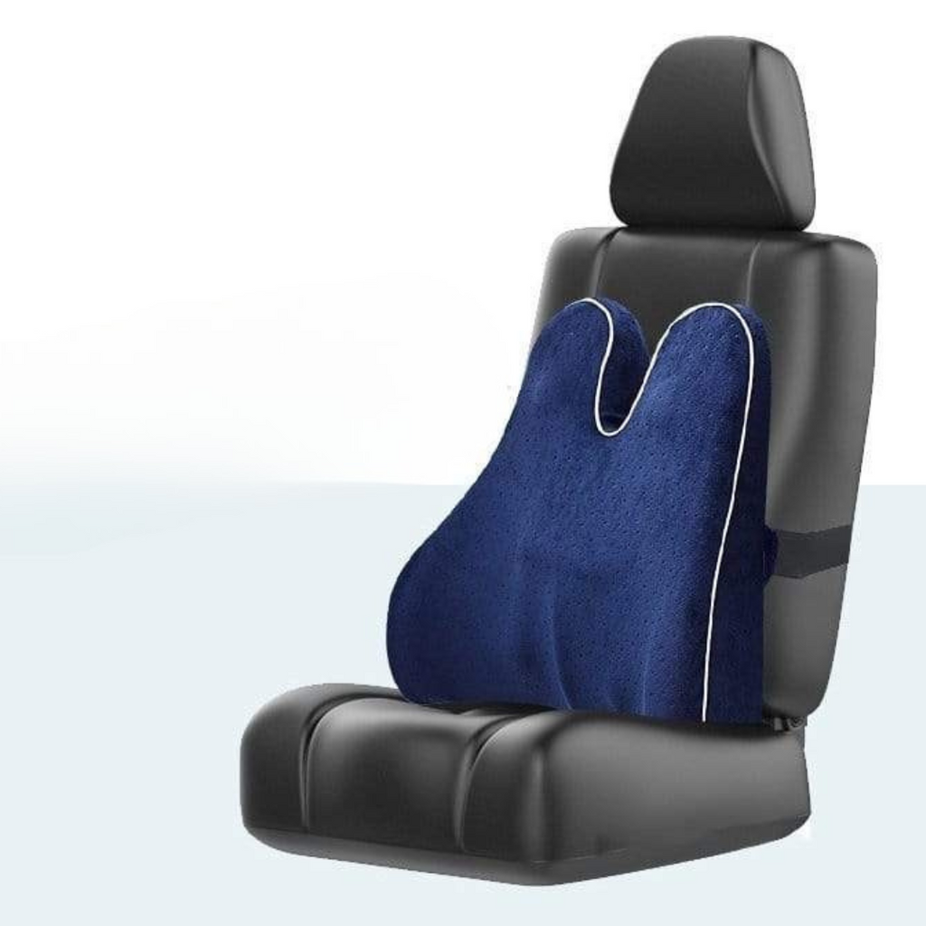 Blue car seat cushion on a black car seat with a white background