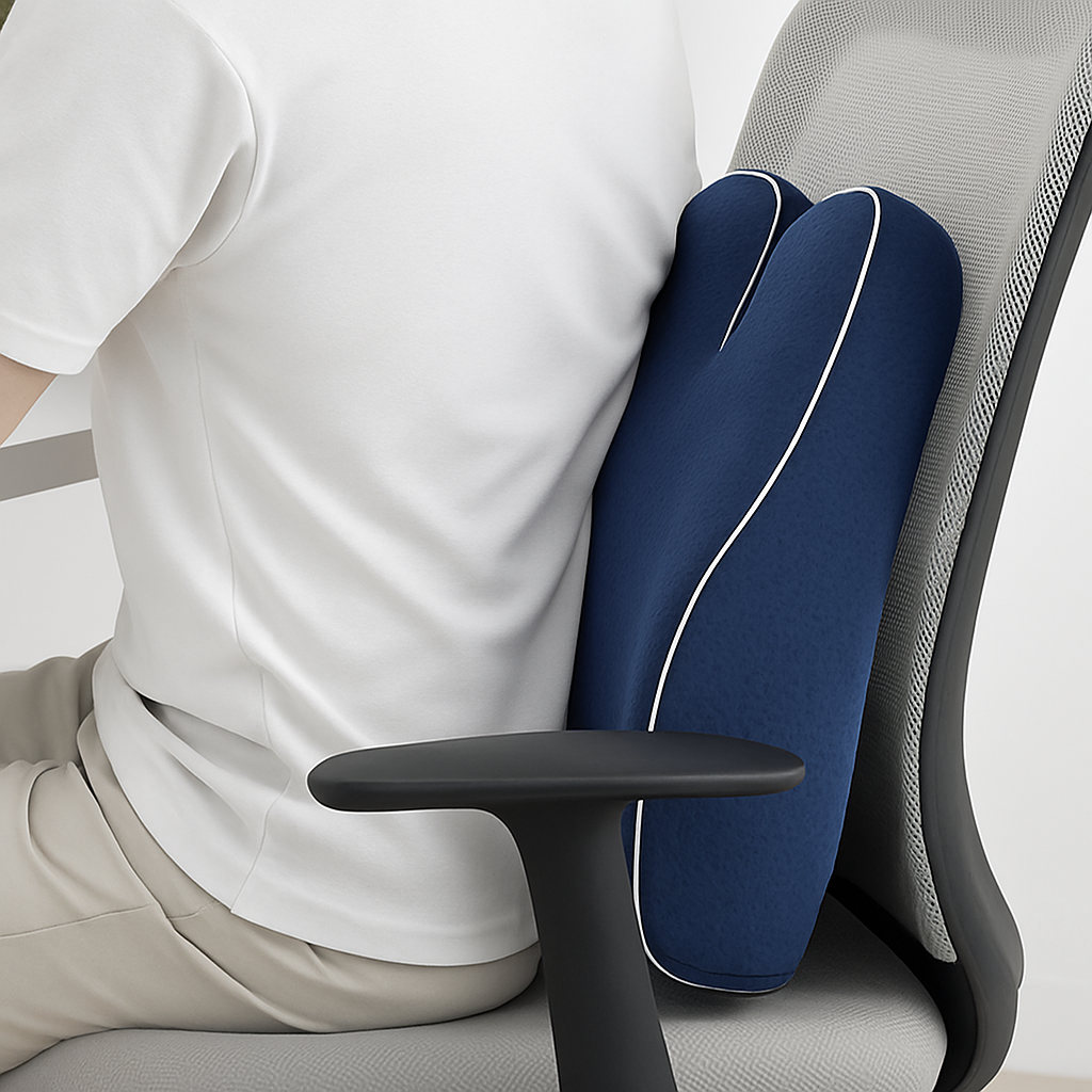 Person using a blue ergonomic pillow on a chair for back support.