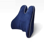 Blue car seat cushion with white piping on a white background