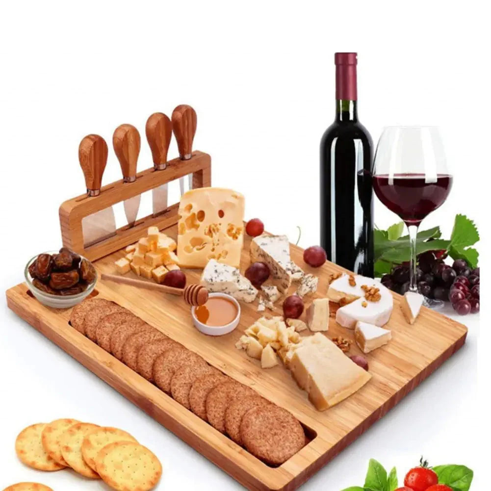 Bamboo Cheese Board Set with 4 Stainless Steel Cheese Knives 09