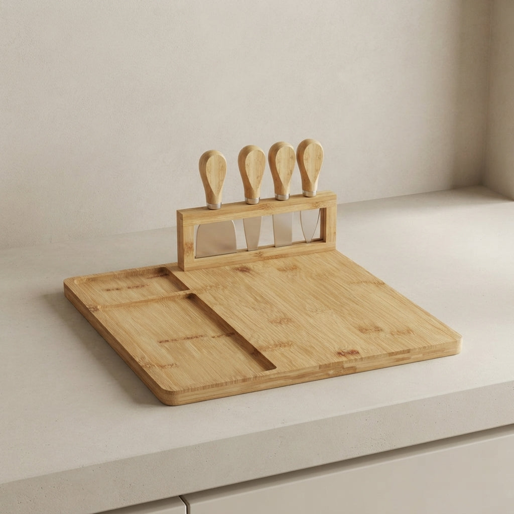 Bamboo Cheese Board Set with 4 Stainless Steel Cheese Knives 01