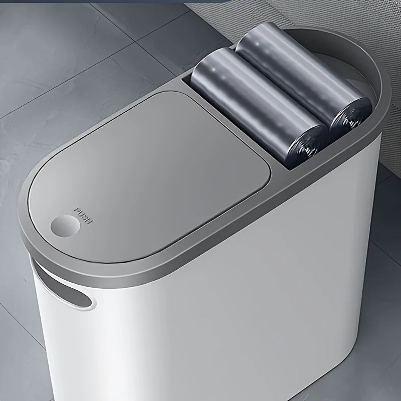 White trash bin with gray lid and three gray cylindrical liners on a tiled floor.