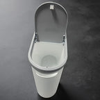 White trash bin with open lid on a dark gray background