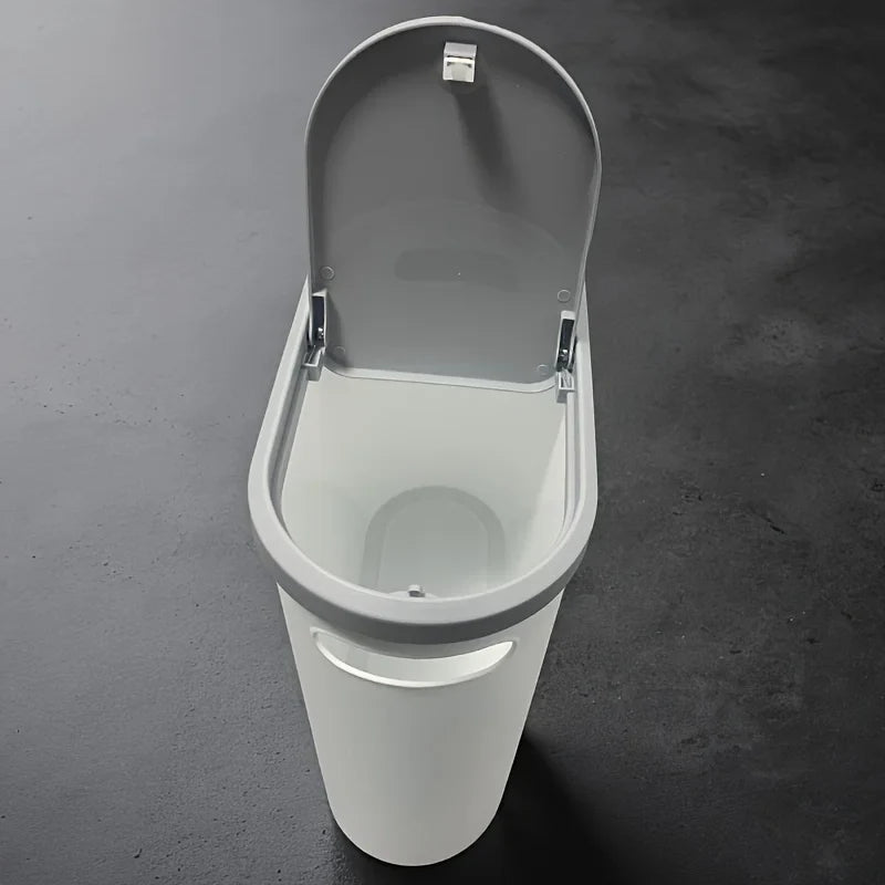 White trash bin with open lid on a dark gray background