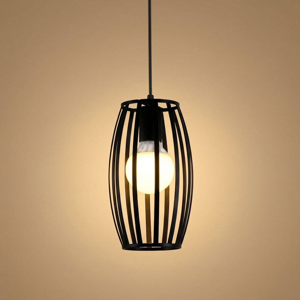 Black pendant light with a glowing bulb on a beige background