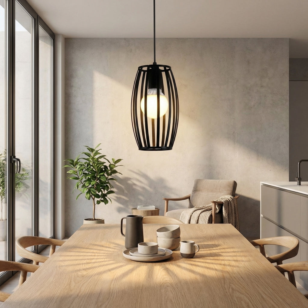 Modern kitchen with wooden dining table, pendant light, and large windows.