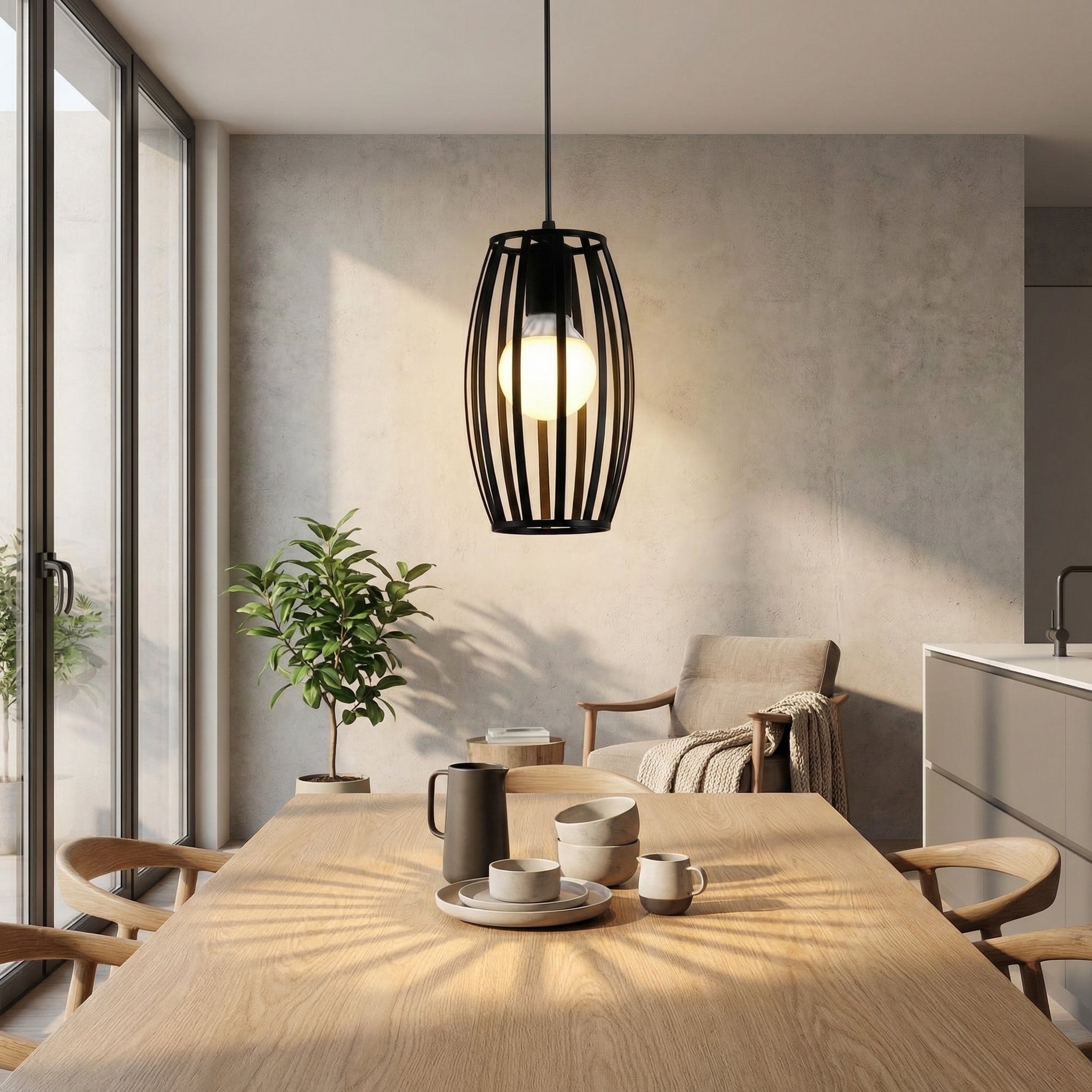 Modern kitchen with wooden dining table, pendant light, and large windows.