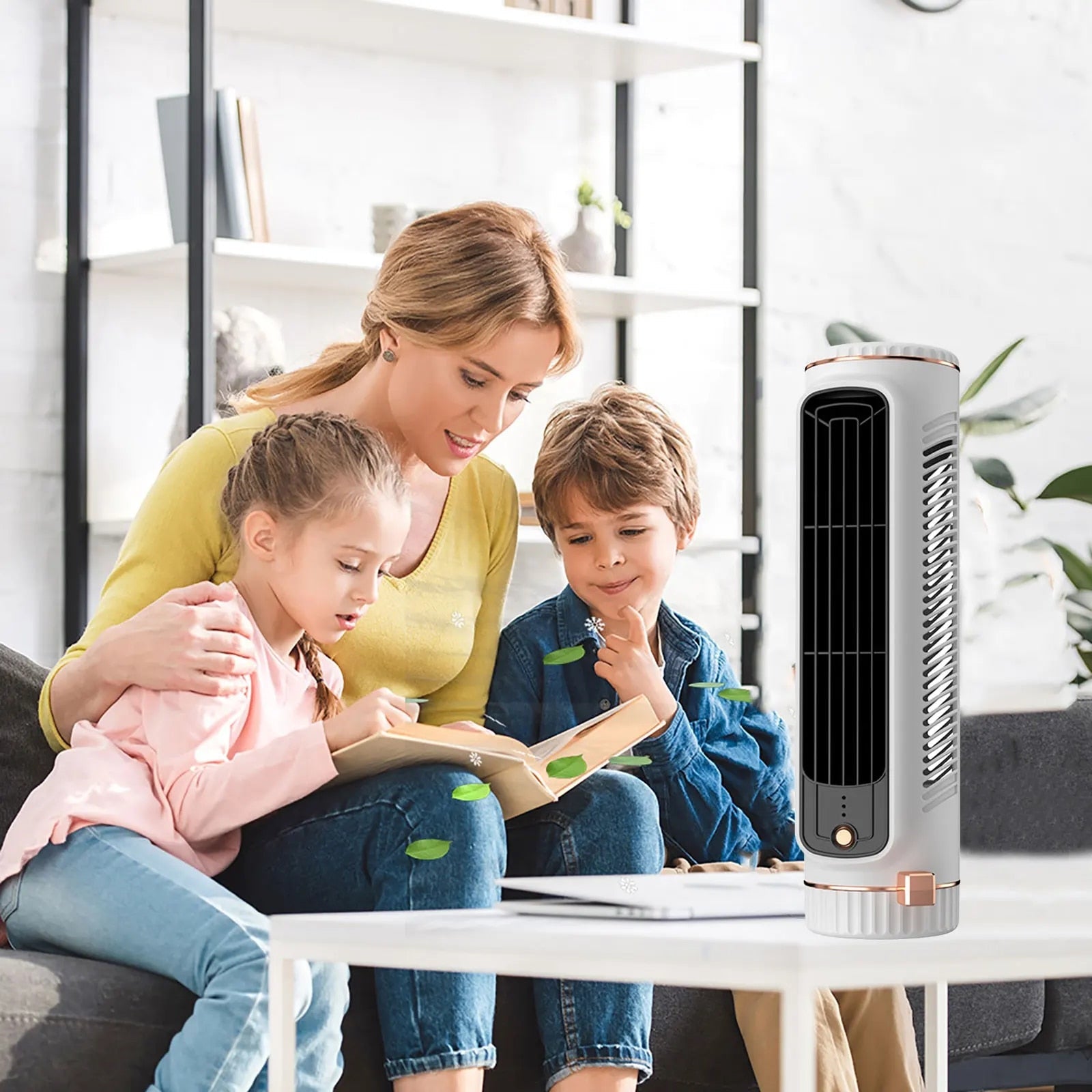 Woman reading a book to two children with a portable air conditioner in the foreground.