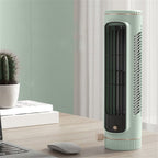 Mint green tower fan on a wooden desk with a cactus and books in the background.