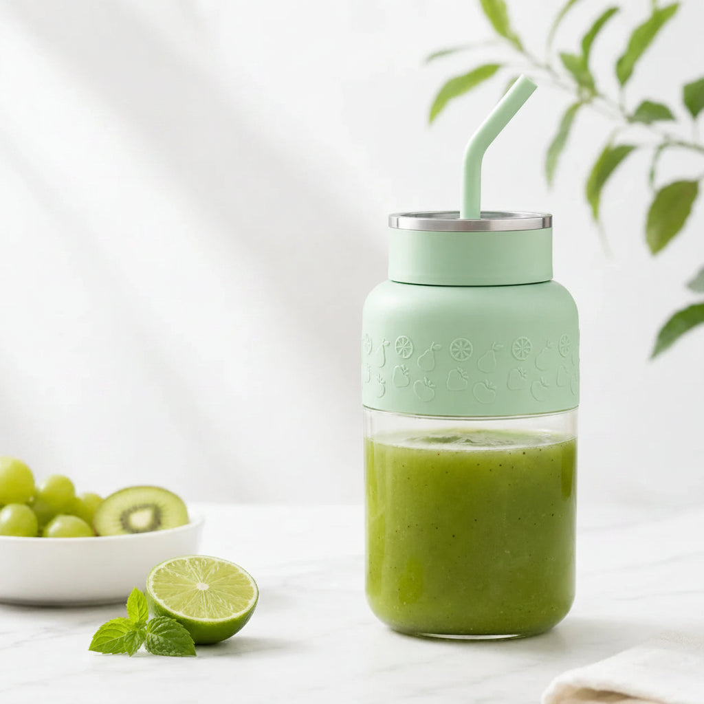 Green smoothie in a mint green cup with a straw, surrounded by green fruits on a white background.