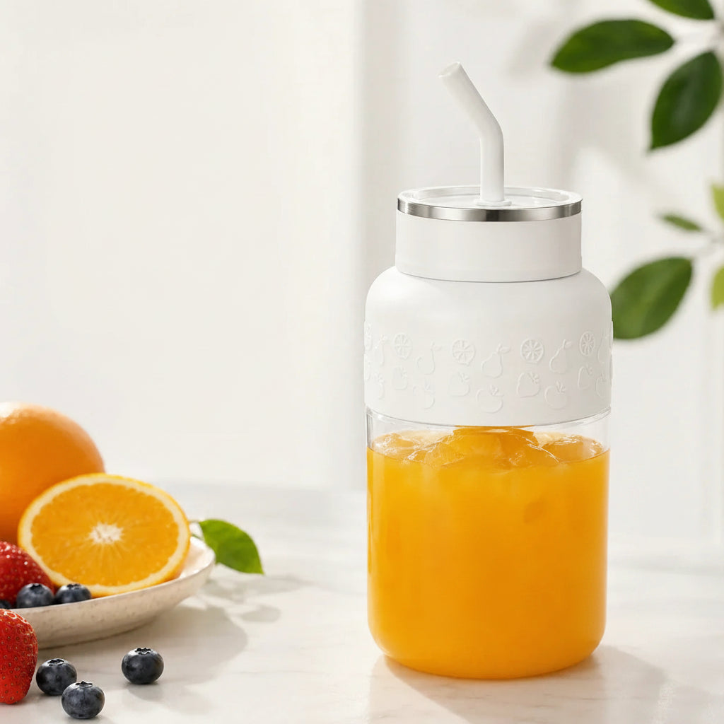 White insulated tumbler with orange juice, surrounded by oranges, strawberries, and blueberries on a light background.