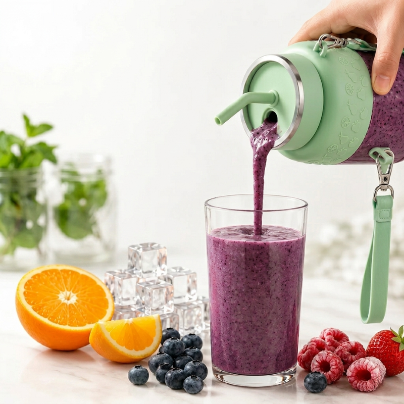 Purple smoothie being poured from a green blender into a glass, with fruits and glasses on a light surface.