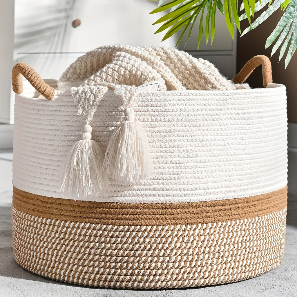 Woven basket with tassels on a light surface