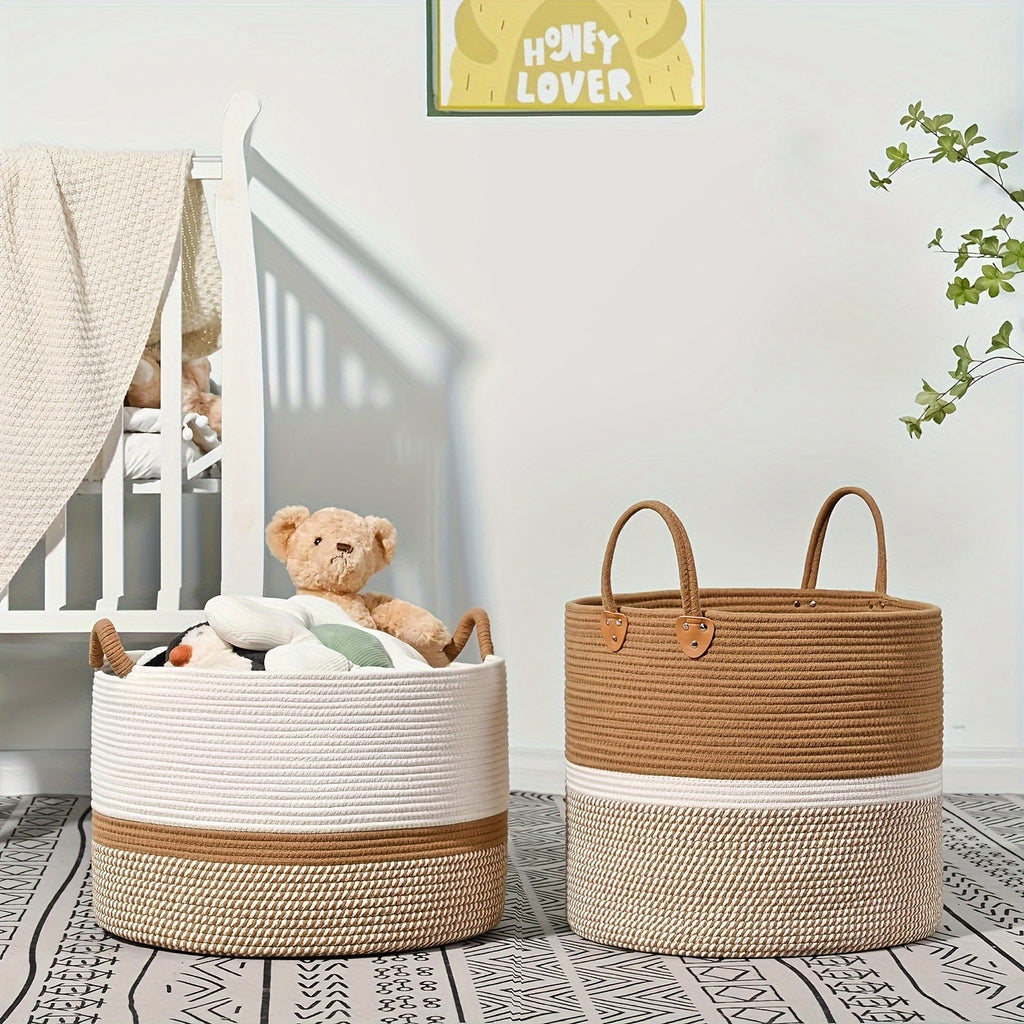Two woven baskets in a nursery setting with a teddy bear and baby blanket.