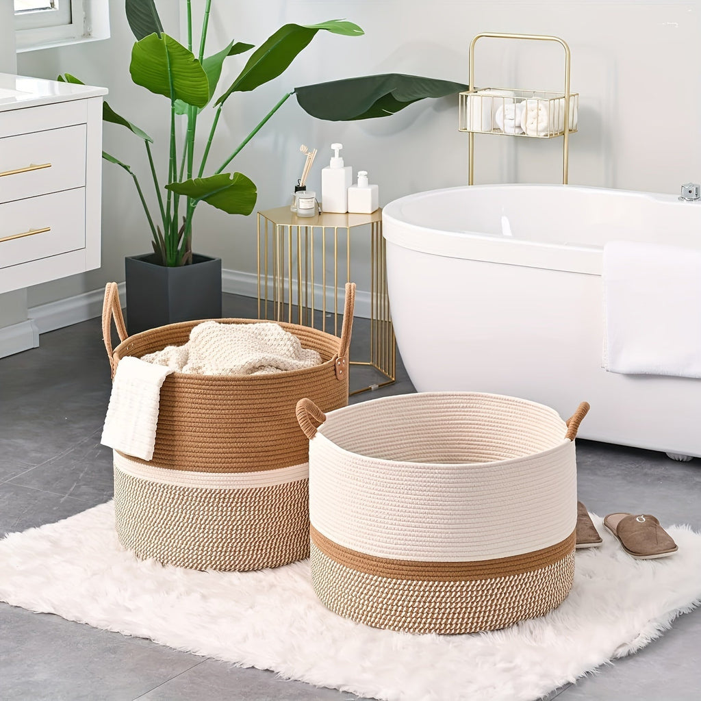 Two woven baskets in a bathroom setting with a bathtub and plant.