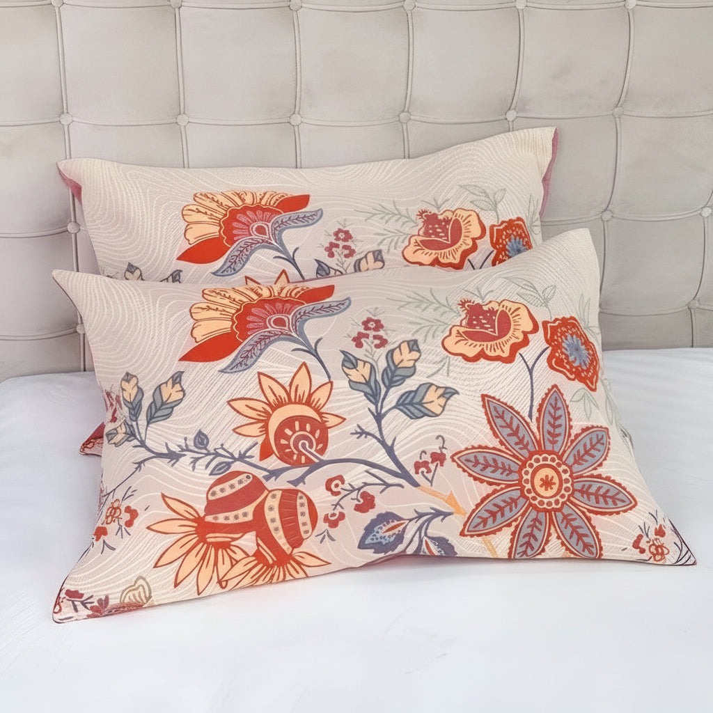 Floral patterned pillows on a bed with a tufted headboard.