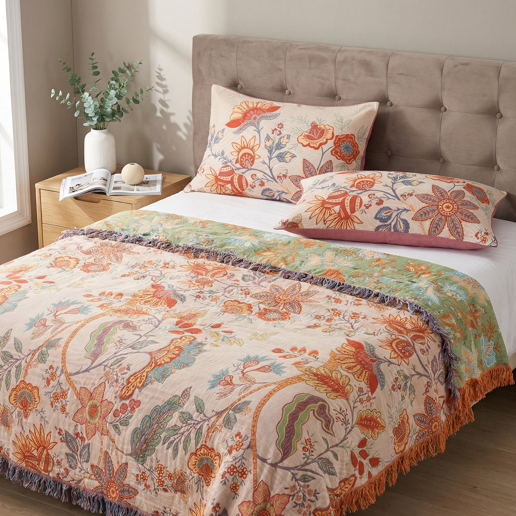 Bedroom with floral bedding and pillows on a bed