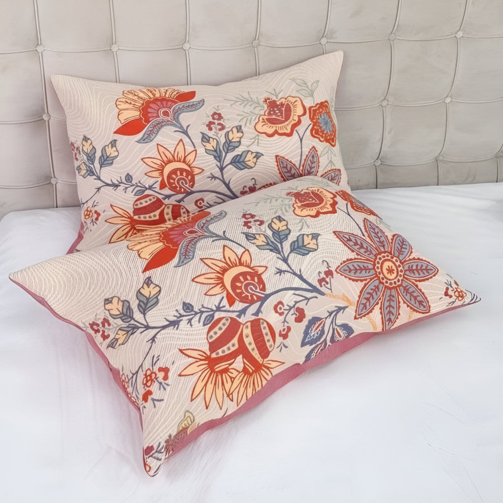 Floral patterned pillows on a bed with a neutral headboard.