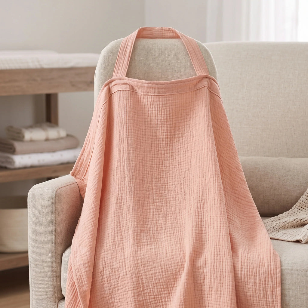 A peach-colored muslin baby nursing cover-up draped over the back of a beige armchair in a softly lit nursery or home setting.