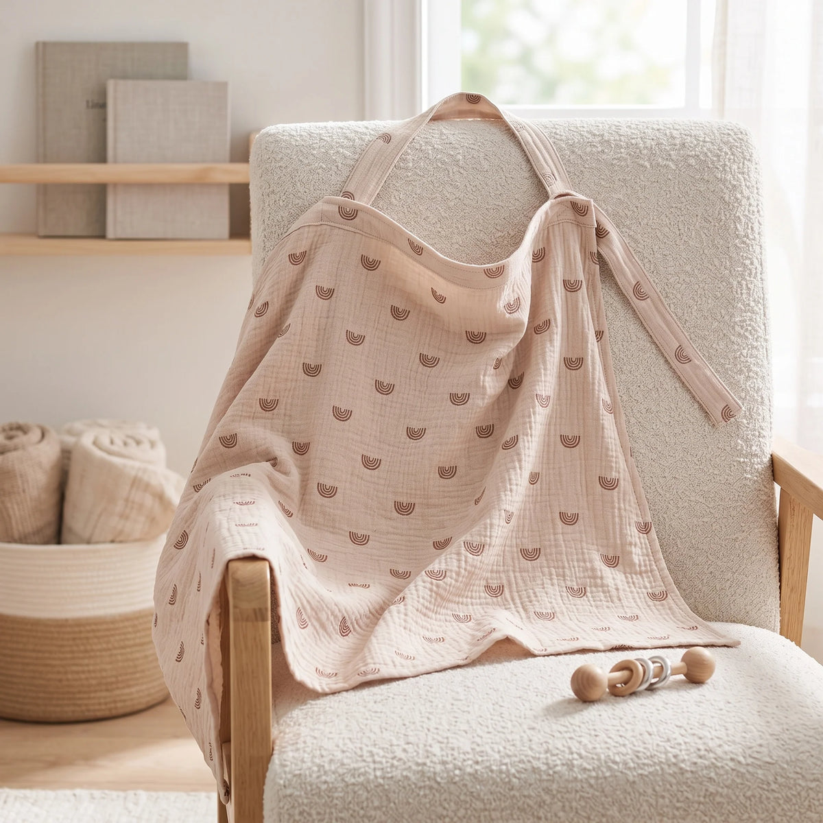 A soft muslin baby blanket in a dusty pink color with a repeating brown crescent moon pattern, draped over a cream-colored textured armchair in a bright, modern nursery setting.