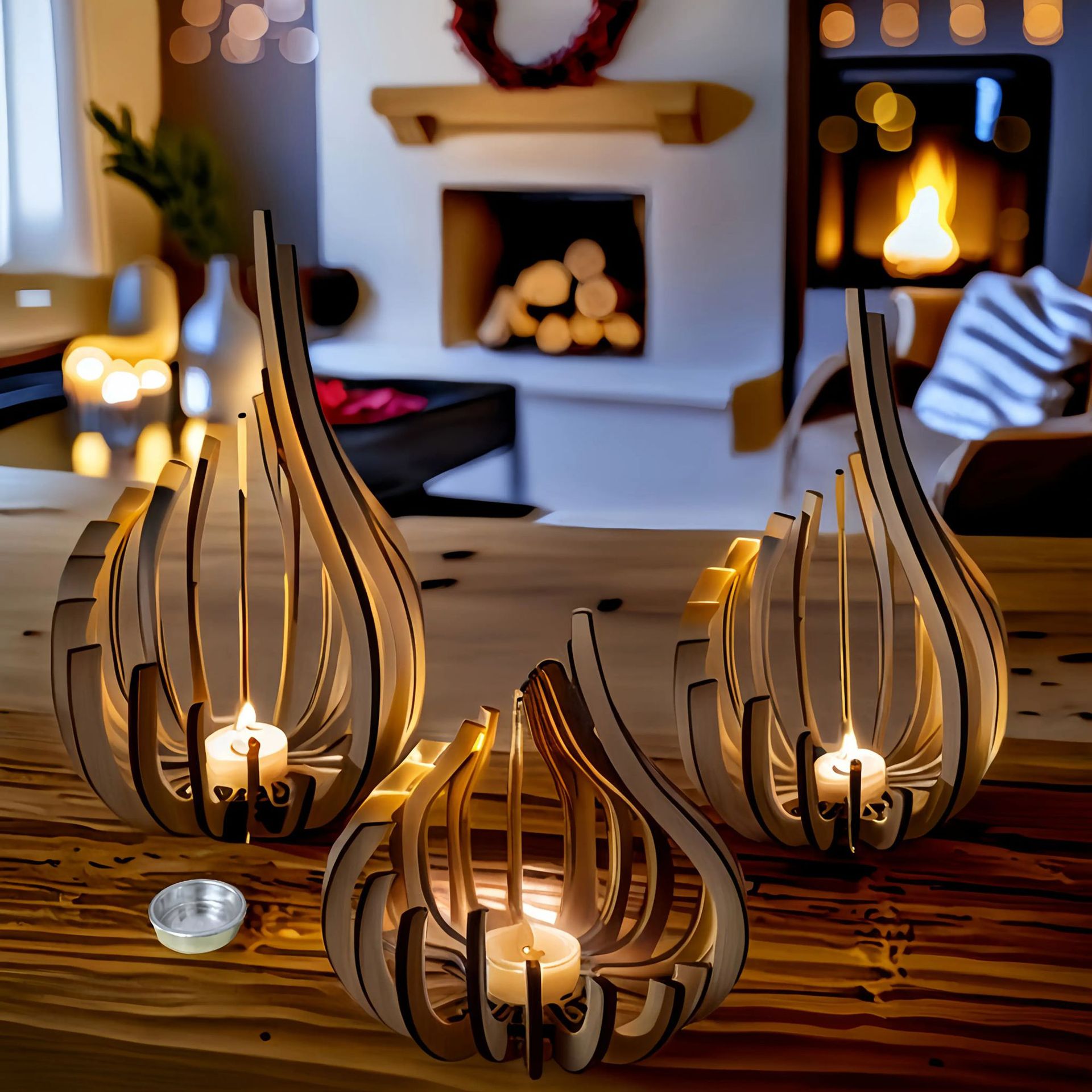 Wooden candle holders with candles on a wooden surface, with a fireplace in the background.