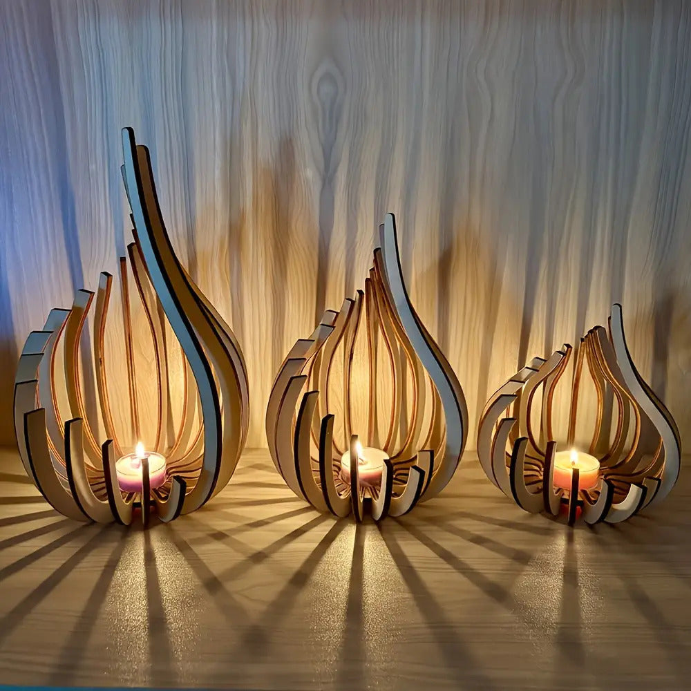 Wooden candle holders with candles on a wooden surface