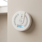 White carbon monoxide detector on a beige wall