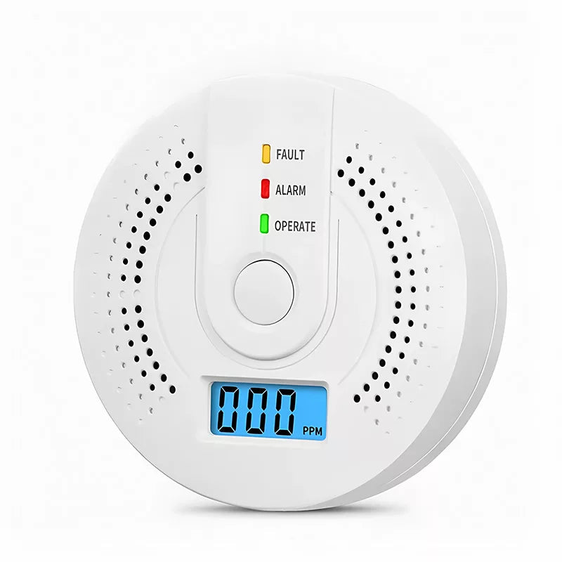 White carbon monoxide detector with digital display on a white background