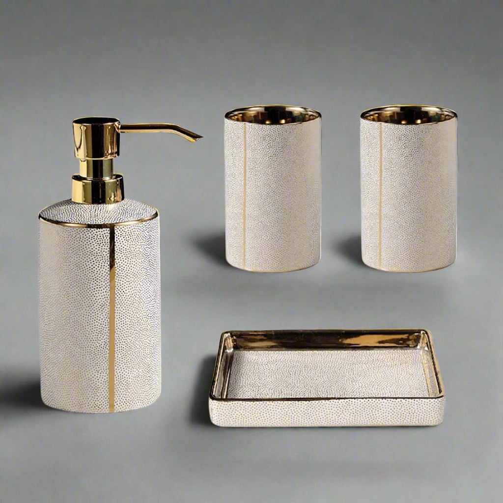 Ceramic Bathroom Accessories Set - Elegant 4-Piece with Gold Accents 10