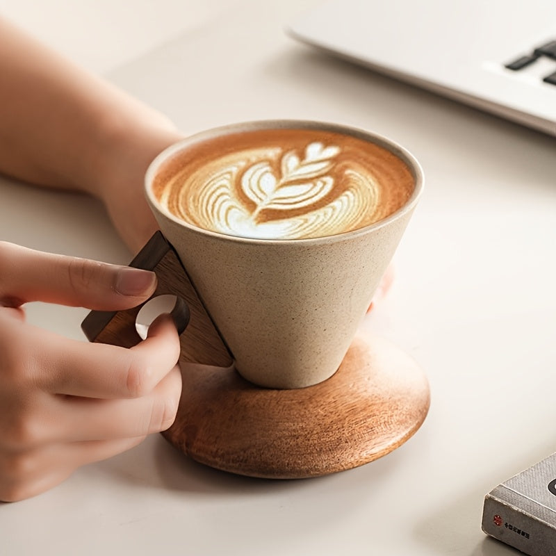 Ceramic Coffee Mug 250ml - Durable Design with Wooden Handle & Coaster 0