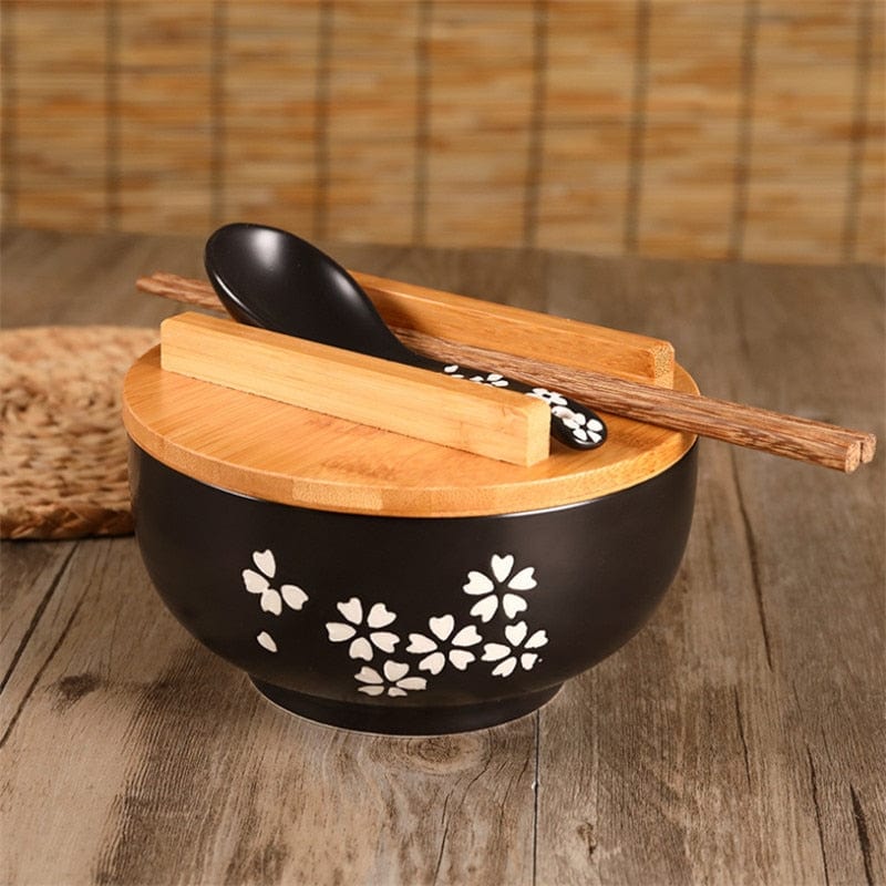 Ceramic Ramen Bowl Set with Wooden Lid and Tray - Elegant Dining Experience 0