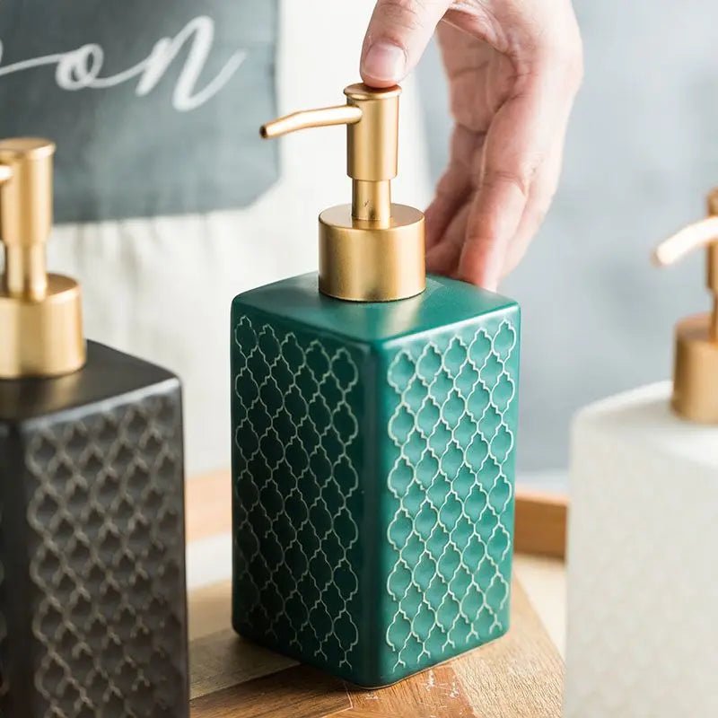 Ceramic Soap Dispenser - Elegant Plaid Design with Gold Pump 2