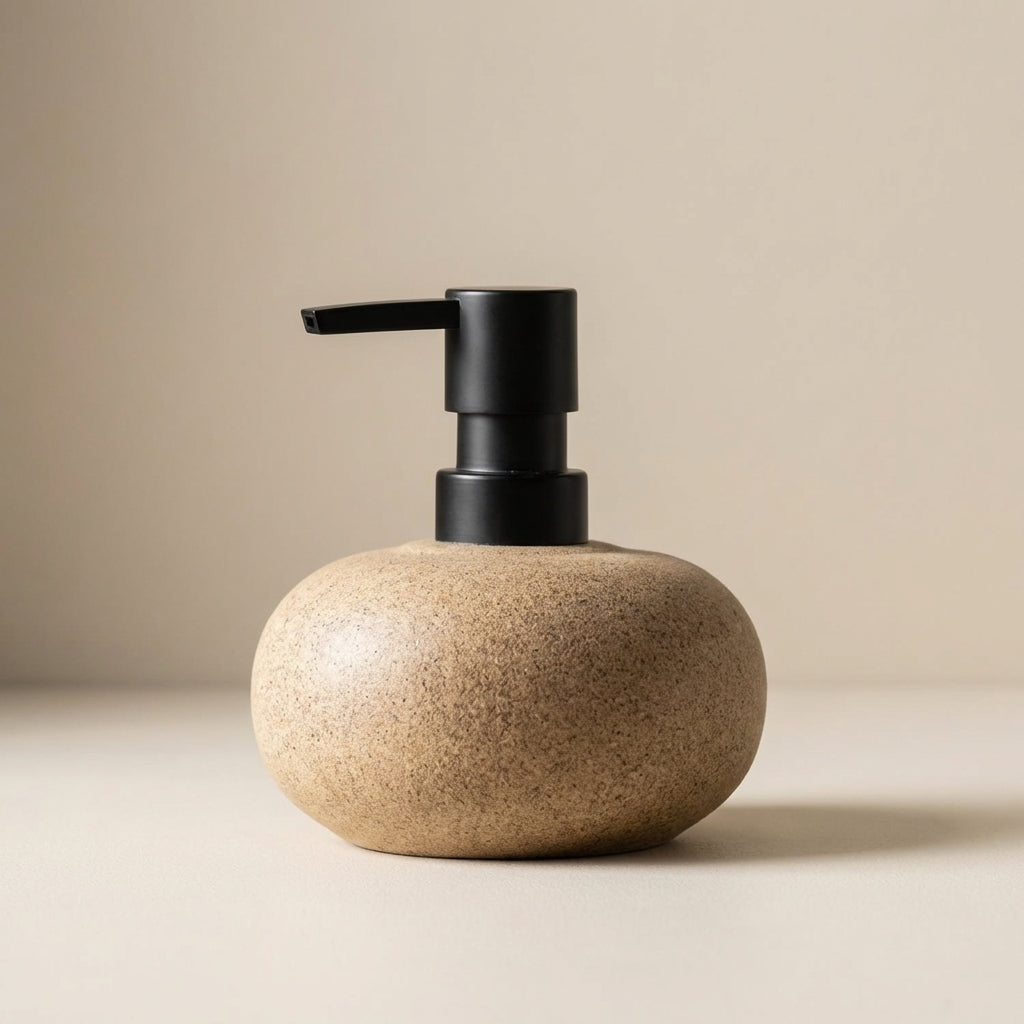Beige soap dispenser with black pump on a beige background