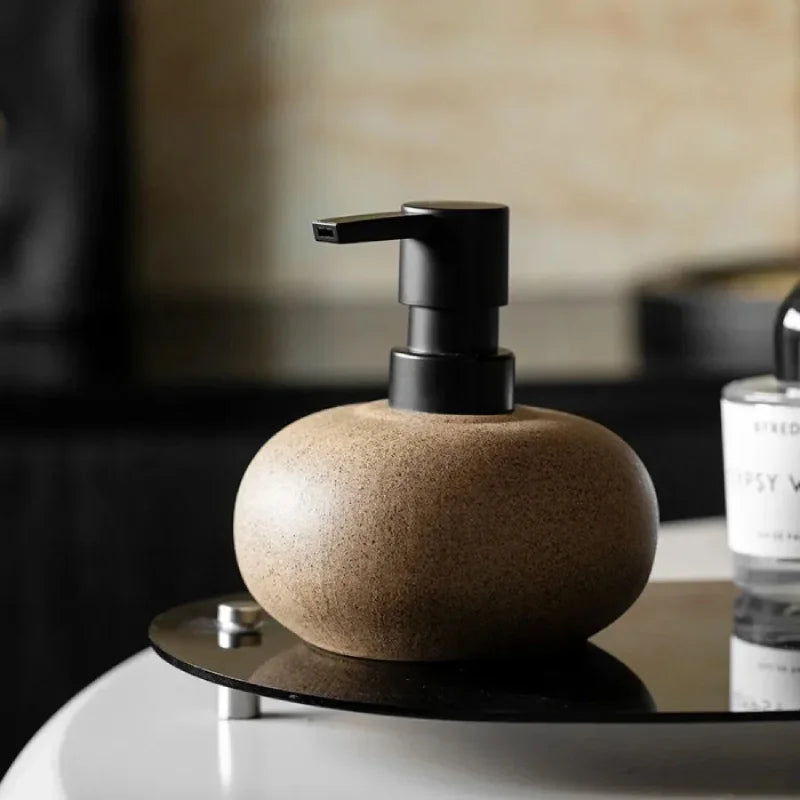 Ceramic Soap Dispenser 300ml, Pebble Inspired Riverstone Design, Matte Brown Finish 4