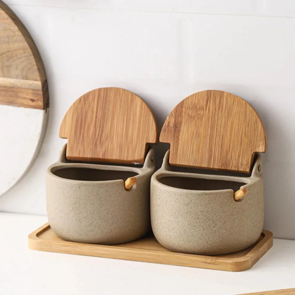 Spice Jars Ceramic with Bamboo Lids and Wooden Storage Tray 3