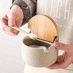 Spice Jars Ceramic with Bamboo Lids and Wooden Storage Tray 7