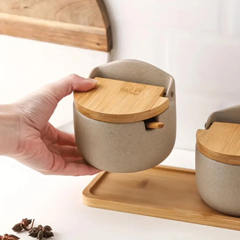 Spice Jars Ceramic with Bamboo Lids and Wooden Storage Tray 6
