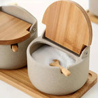 Spice Jars Ceramic with Bamboo Lids and Wooden Storage Tray 5