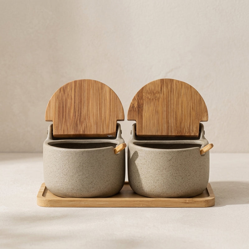 Spice Jars Ceramic with Bamboo Lids and Wooden Storage Tray