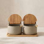 Spice Jars Ceramic with Bamboo Lids and Wooden Storage Tray