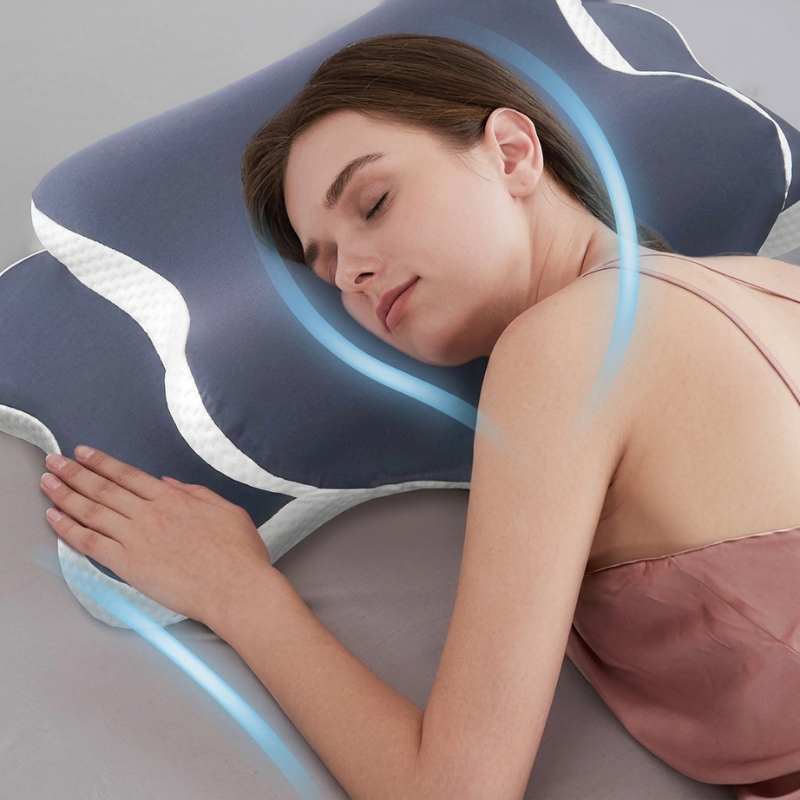 Woman sleeping on a futuristic pillow with glowing blue lines