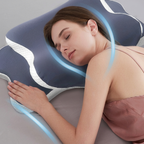 Woman sleeping on a futuristic pillow with glowing blue lines