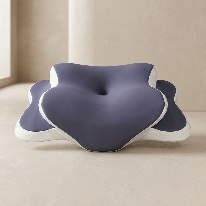 Blue and white pillow on a beige surface with a neutral background