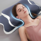 Woman lying on a blue and white pillow with a gray background