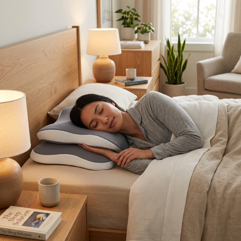 Woman sleeping on a bed with a pillow, surrounded by a cozy bedroom setting.