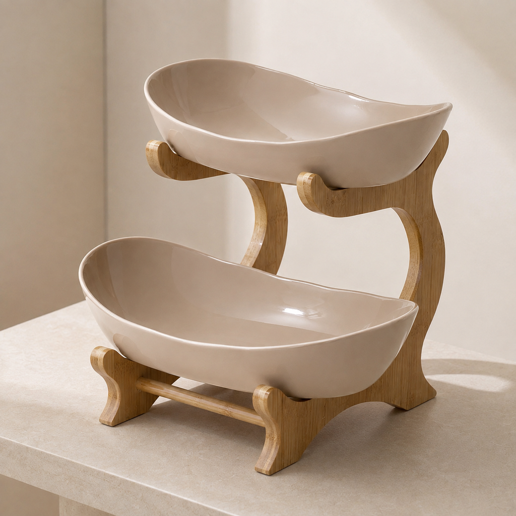 Tiered Fruit Stand, Bamboo Frame, Oval Bowl Design