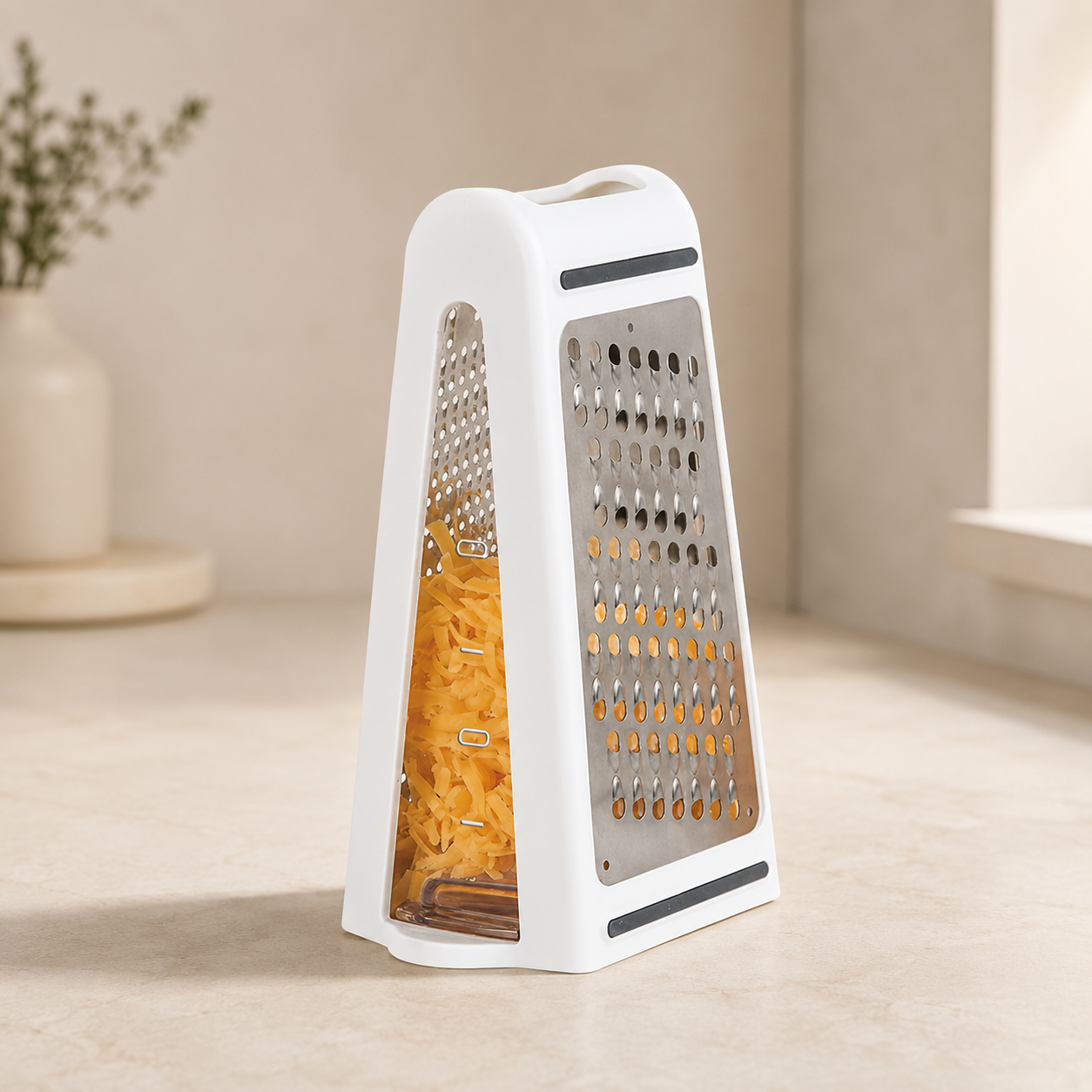 White box grater with shredded carrots on a light wooden surface